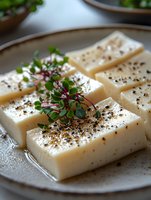 Fresh tofu cubes garnished with black pepper, microgreens and purple sprouts on ceramic plate. Close up view of Asian cuisine appetizer with selective focus.
