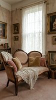 Vintage living room with ornate wooden settee, decorative pillows, lace throw blanket, framed portraits on walls, sheer curtains, and antique furnishings. Perfect for interior design, home decor, and period room styling projects.