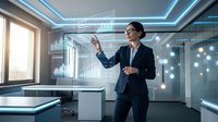 Professional Asian businesswoman presenting holographic data analytics in modern office with futuristic technology interface and blue ambient lighting.