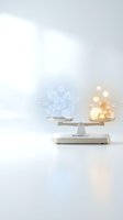 Digital network icons balanced against golden spheres on white scale representing technology versus traditional business values in modern workplace.