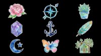 Watercolor sticker set with rose, compass, succulent, gem, anchor, feather, crescent moon, butterfly, and house, isolated on transparent background for clipart, t-shirt design, and print on demand.