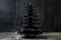 Minimalist black paper Christmas tree sculpture with layered geometric design on dark textured background, modern festive decor for contemporary holiday styling.