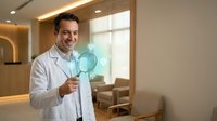 Smiling male Caucasian doctor in white coat holding magnifying glass with glowing digital health icons in modern clinic.
