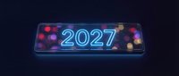 Futuristic neon 2027 number display on transparent glass panel with colorful bokeh lights background for new year celebration and technology concepts.