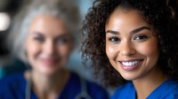 Young African American female healthcare worker with curly hair and bright smile wearing blue medical scrubs, with senior colleague in background, workplace diversity.