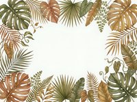 Tropical leaves frame border with monstera, palm fronds and ferns in earthy tones on cream background for botanical design projects.