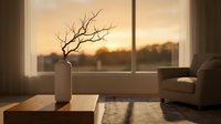 Minimalist living room interior with bare branch in white vase on wooden table during golden hour sunset through large window creating warm atmospheric lighting.