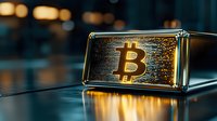 Golden bitcoin symbol on metallic surface with dramatic lighting and reflections creates modern financial atmosphere. Cryptocurrency concept with bokeh background.
