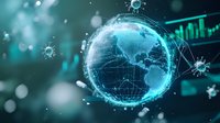 Glowing digital Earth globe with virus particles floating in turquoise space, network connections and stock market data visualization in background.