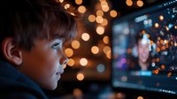 Young boy gazing at colorful Christmas lights display with warm bokeh background creating magical holiday atmosphere for seasonal marketing campaigns.
