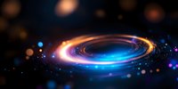Glowing spiral light effect with orange and blue neon colors against dark background, cosmic energy swirl with bokeh particles and luminous motion trail.