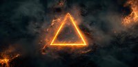 Glowing orange triangle with burning fire effects against dark smoky background, mystical geometric shape illuminated in dramatic atmosphere.