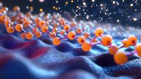 Glowing orange molecular chain structure on textured blue surface with bokeh light effects and particles in microscopic scientific visualization.