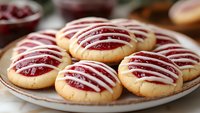Homemade butter cookies with raspberry jam filling and white chocolate drizzle arranged on ceramic plate, close up view of festive holiday baking treats.