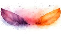 Purple and orange watercolor feathers floating with delicate splatter effect on soft gradient background, artistic nature illustration for wall decor and design projects.