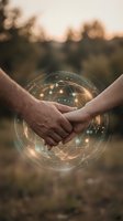 Two hands joining together with glowing digital energy circle symbolizing partnership, teamwork and connection in warm sunset light.