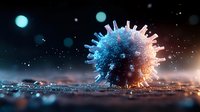 Microscopic virus particle with blue and pink gradient spikes on dark surface, surrounded by bokeh lights and particles, suitable for medical, scientific, and healthcare presentations.