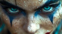 Close up of intense turquoise eyes with dramatic blue face paint and gold glitter makeup. Fantasy warrior princess concept for creative beauty and fashion projects.