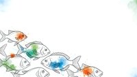 Watercolor fish swimming in group with colorful splashes on white background for marine design projects and aquatic themed artwork.