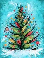 Colorful stylized Christmas tree with vibrant red and yellow ornaments against turquoise background, festive holiday art for greeting cards.