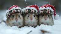 Three adorable hamsters wearing miniature Santa hats with white trim and glitter, sitting close together in fresh snow, creating festive holiday mood.