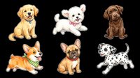 Six adorable puppy breeds illustrated in a cute style, isolated on transparent background. Great for stickers, clipart, t-shirt design, and print on demand projects.