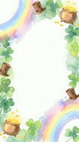 Watercolor St. Patrick's Day frame with shamrocks, leprechaun hats, pot of gold, rainbow and coins on white background for greeting cards and invitations.