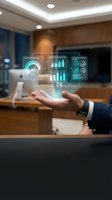 Businessman holding holographic digital interface displaying flow acceleration, process optimization, and operational efficiency metrics in modern office environment.