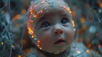 Young African American baby looking up with wonder, illuminated by warm string lights creating magical bokeh effect against dark background. Closeup portrait shows innocence and curiosity.