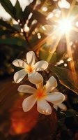 White plumeria flowers backlit by golden sunlight with bokeh effects and lens flare, creating magical tropical atmosphere at sunset.