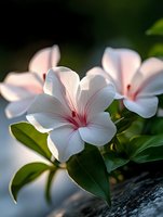 Delicate pink and white periwinkle flower in soft focus with dark green leaves against blurred background, captured in gentle natural lighting.