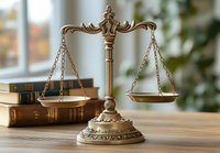Antique brass scales of justice on wooden desk with law books, symbolizing legal profession, court system, and attorney services.