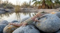 Camouflaged lizard resting on rocky terrain near water with palm trees and natural habitat in background, suitable for wildlife, nature, and educational content.