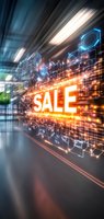 Glowing orange sale text with futuristic digital elements and geometric patterns against dark background, creating dynamic retail marketing display.