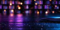 Magical night scene with glowing lights reflecting on water surface, purple and blue cosmic atmosphere with floating bokeh and sparkles in dark space.