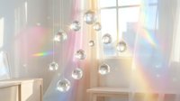 Hanging crystal spheres casting rainbow light through a sunlit window, creating prismatic reflections and sparkles on walls for home decor and interior design projects.