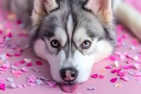 Adorable Siberian Husky dog with blue eyes lying on pink background surrounded by heart-shaped confetti, showing tongue in playful expression. Perfect for Valentine's day.