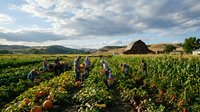 Farm workers harvesting fresh vegetables in organic field during golden hour with barn and rolling hills under dramatic cloudy sky in rural countryside setting.