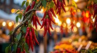 Red chili peppers hanging on plant branches with warm bokeh lights in background creating cozy autumn harvest atmosphere for culinary and seasonal content.