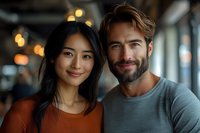 Happy interracial couple smiling at camera in modern cafe with warm lighting. Young Asian woman and Caucasian man portrait for lifestyle content.