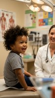 Happy African American toddler boy with curly hair laughing during pediatric checkup with female doctor in medical office for child healthcare.