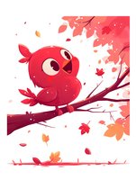 Cute red cartoon bird character sitting on autumn tree branch with falling maple leaves in pink and orange colors, cheerful expression on white background.