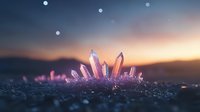 Magical crystal cluster glowing with pink and purple hues against sunset sky background, mystical quartz formation emerging from dark ground with stars above.