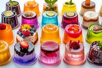 Colorful assortment of jelly desserts with fresh fruit toppings and mint garnish arranged in transparent cups on white surface.