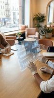 Businesspeople analyzing financial data on holographic display during meeting in modern office with city view and contemporary furniture.