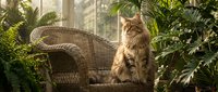 Fluffy tabby cat sitting on wicker chair surrounded by lush green plants and foliage in bright sunlit room, relaxed pet portrait.