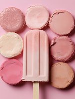 Frozen popsicle surrounded by assorted macarons in pink and neutral tones on matching background, overhead view for dessert and confectionery design projects.