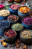 Colorful dried herbs, tea leaves and flower petals in rustic ceramic bowls on dark wooden background. Natural aromatic ingredients for brewing herbal tea.