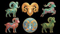 Aries zodiac ram set with ornate decorative patterns, isolated on transparent background, ready for astrology clipart, stickers, t-shirt design, and print on demand use.