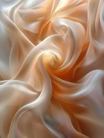Soft flowing silk fabric in peach and cream colors creates elegant spiral pattern with gentle folds and smooth curves, abstract luxury background for design projects.